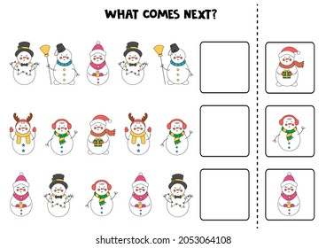 Educational worksheet for preschool kids. What comes next. Task with colorful Christmas snowmen.