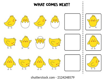 Hoja de trabajo educativa para niños de preescolar. Lo que viene después. Tarea con coloridos y lindos pollos de Pascua.
