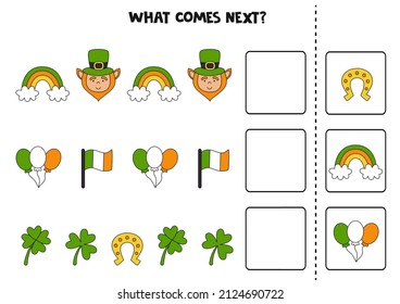 Educational worksheet for preschool kids. What comes next. Task with st patrick day elements.
