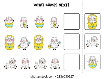 Educational worksheet for preschool kids. What comes next. Task with cute lambs.