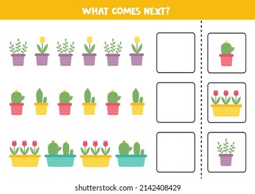 Educational worksheet for preschool kids. What comes next. Task with colorful flowers.
