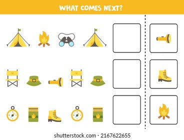 Educational worksheet for preschool kids. What comes next. Task with colorful camping elements. 
