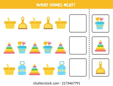 Educational worksheet for preschool kids. What comes next. Task with colorful plastic elements.
