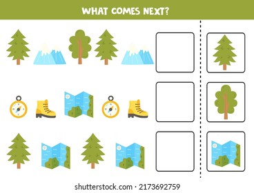 Educational worksheet for preschool kids. What comes next. Task with camping elements.