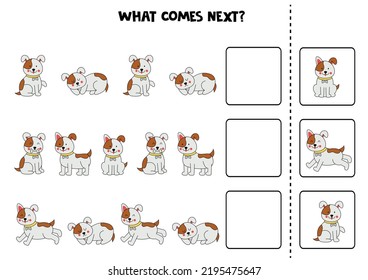 Educational worksheet for preschool kids. What comes next. Task with cute dogs.
