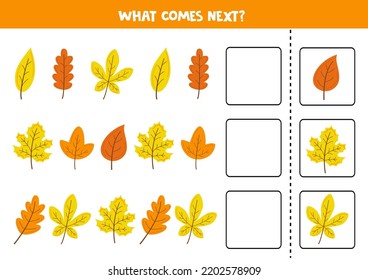 Educational worksheet for preschool kids. What comes next. Task with autumn leaves.
