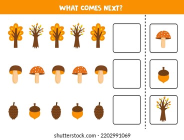 Educational worksheet for preschool kids. What comes next. Task with autumn elements.
