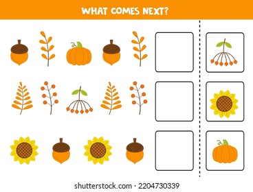 Educational worksheet for preschool kids. What comes next. Task with autumn elements.
