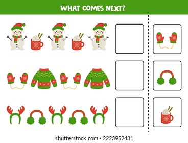 Educational worksheet for preschool kids. What comes next. Task with colorful Christmas items.