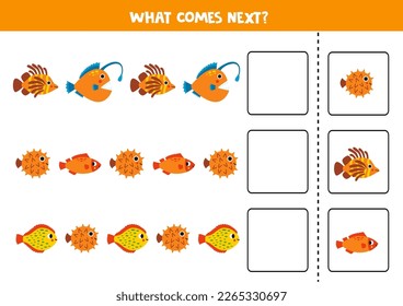 Educational worksheet for preschool kids. What comes next. Task with colorful reef fish.
