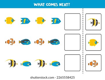 Educational worksheet for preschool kids. What comes next. Task with colorful reef fish.
