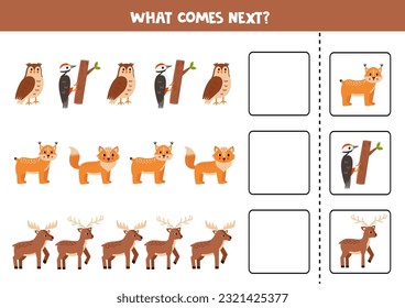 Educational worksheet for preschool kids. What comes next with woodland animals.
