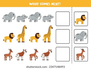 Educational worksheet for preschool kids. What comes next. Task with cute african animals.
