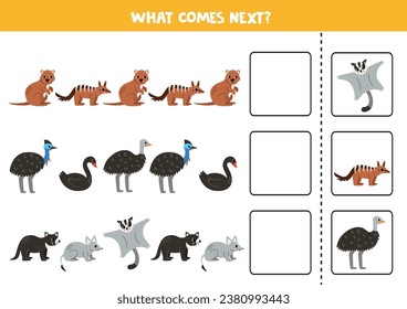 Educational worksheet for preschool kids. What comes next with australian animals.
