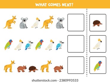 Educational worksheet for preschool kids. What comes next with australian animals.