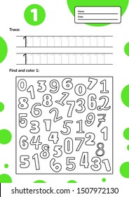 Educational worksheet for preschool and school kids. Number game for children. Trace, find and color one. Vector illustration. 