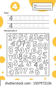 Educational worksheet for preschool and school kids. Number game for children. Trace, find and color four. Vector illustration. 