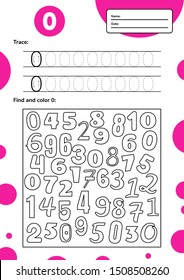 Educational worksheet for preschool and school kids. Number game for children. Trace, find and color zero. Vector illustration. 