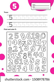 Educational worksheet for preschool and school kids. Number game for children. Trace, find and color five. Vector illustration. 