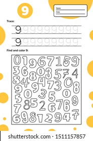 Educational worksheet for preschool and school kids. Number game for children. Trace, find and color nine. 