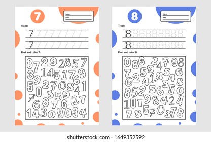 Educational Worksheet For Preschool And School Kids. Number Game For Children. Trace, Find And Color. Seven, Eight. Vector Illustration. 