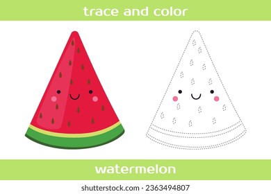 Educational worksheet Trace and color cute kawaii watermelon.