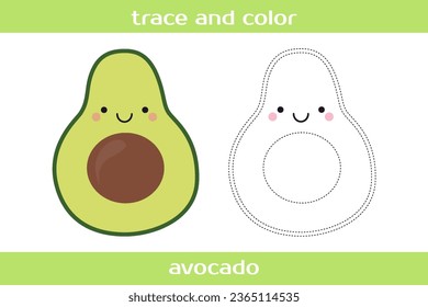 Educational worksheet Trace and color cute kawaii avocado.