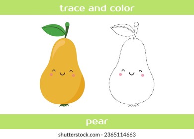 Educational worksheet Trace and color cute kawaii pear.