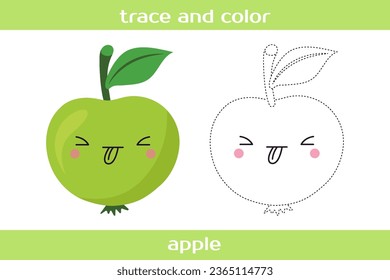 Erziehungsblatt Trace und Farbe süße kawaii Apfel.