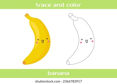 Educational worksheet Trace and color cute kawaii banana.