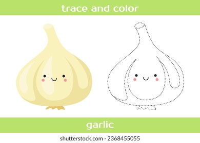 Educational worksheet Trace and color cute kawaii garlic.