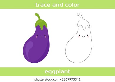 Educational worksheet Trace and color cute kawaii eggplant.