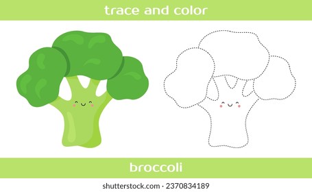 Educational worksheet Trace and color cute kawaii broccoli.