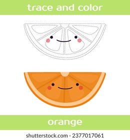 Educational worksheet Trace and color cute kawaii orange.