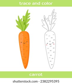 Educational worksheet Trace and color cute kawaii carrot.