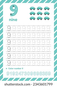 Educational worksheet with tracing number nine. Children page for preschool kids. Count cars