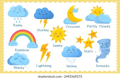 Educational worksheet with weather. Poster with cute cloud, sun, moon, rainbow and lightning characters. Flashcards with weather elements for children. Study and learning. Cartoon vector illustration