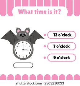 Hojas de trabajo educativas para niños con reloj. Aprender el juego del tiempo las 24 horas. Páginas de actividad con animales y números. ¿A qué hora es?  
