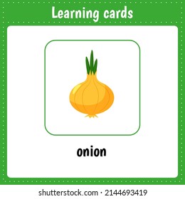 Educational worksheets for kids.Kids learning cards. Onion.Learning english alphabet. Cartoon vector illustrations