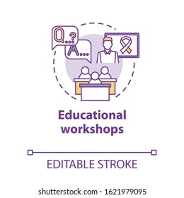 Educational workshops concept icon. Informing society about cancer, HIV. Patient support. Instructional courses idea thin line illustration. Vector isolated outline RGB color drawing. Editable stroke