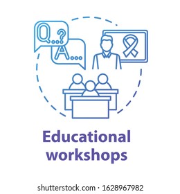 Educational workshops concept icon. Informing society about cancer, HIV. Patient support. Instructional courses idea thin line illustration. Vector isolated outline RGB color drawing