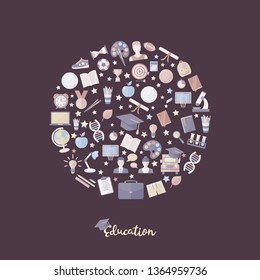 Education,knowlege icon set in circle in flat style vector illustration School,university,college,science,geography,mathematics,certificate,online education symbol collection concept