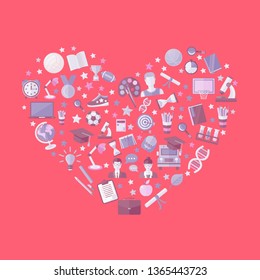 Education,knowlege icon set in heart symbol in flat style vector illustration on a pink background.School,university,college,science,geography,mathematics,certificate,online education symbol