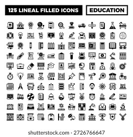 Educations 125 conjunto de ícones. Coleção de ícones de Educação Preenchida Linear.