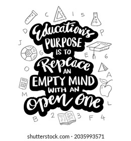 Education's purpose is to replace an empty mind with an open one. Motivational quote. 