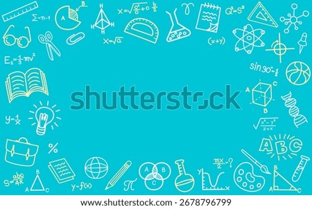 An education-themed frame of hand-drawn school doodle icons with copy space in the center. This vector background is a perfect template for a back to school poster, science project, fun presentation