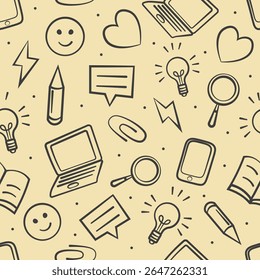 Education-themed seamless pattern featuring hand-drawn office icons - laptop, smartphone, lightbulb, pencil - against vibrant yellow backdrop