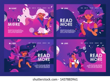 Educative banners set or landing page templates good for library or reading book clubs, fan club of traditional reading, discussion groups in vivid purple and pink colors. Flat characters on dark 