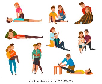 Educative cardiac arrest assistance program and emergency first aid resuscitation procedures cartoon icons collection isolated vector illustration 