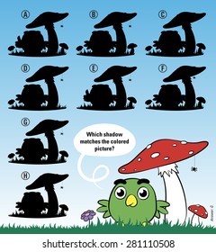 Educative game for children meant to stimulate intelligence through matching cartoon bird under mushroom with the right shadow, cute vector cartoon illustration